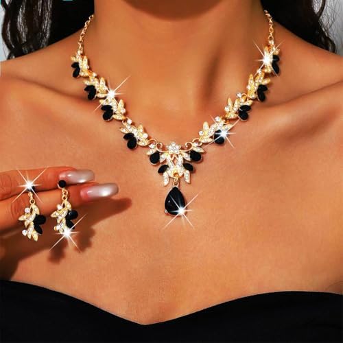 Bridal Wedding Jewelry Set – Gold Crystal Rhinestone Necklace & Earrings