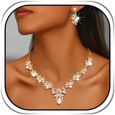 Bridal Wedding Jewelry Set – Gold Crystal Rhinestone Necklace & Earrings