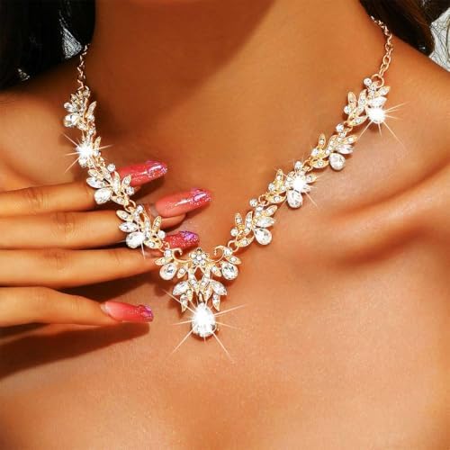 Bridal Wedding Jewelry Set – Gold Crystal Rhinestone Necklace & Earrings