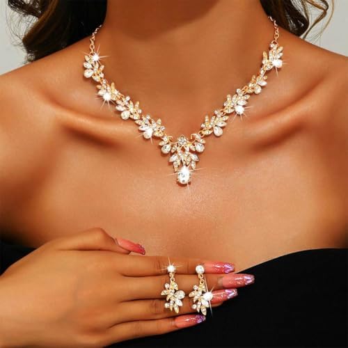 Bridal Wedding Jewelry Set – Gold Crystal Rhinestone Necklace & Earrings