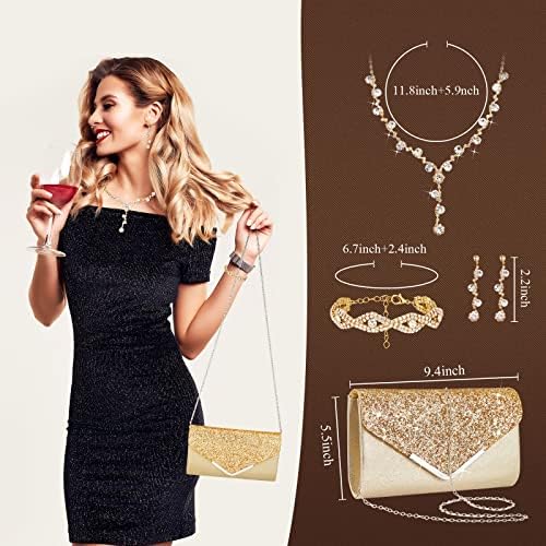5-Piece Gold Rhinestone Jewelry & Clutch Set