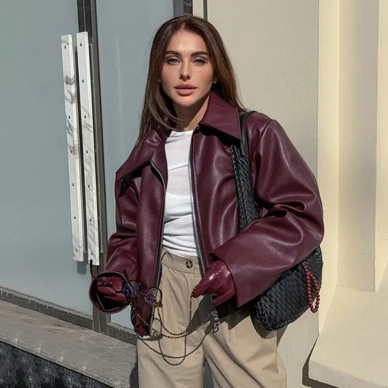 Retro Biker-Style Wine Red Leather Jacket