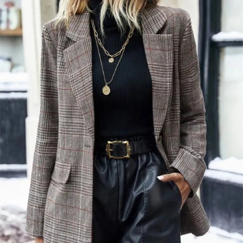 Plaid Lapel Single-Button Blazer – Elegant Vintage Style